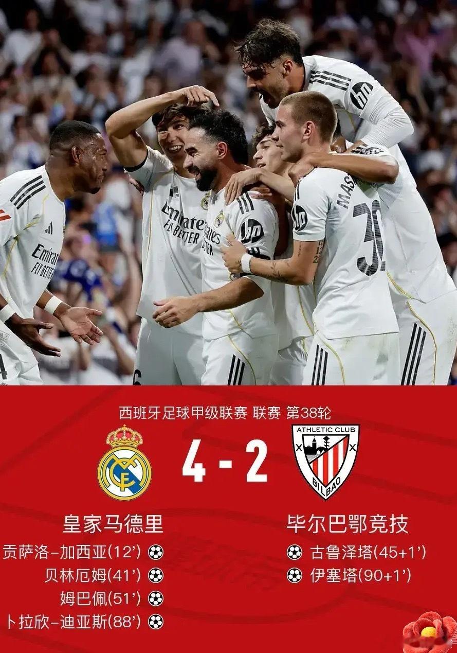足球 北京时间5月24日西班牙足球甲级联赛 联赛 第38轮，皇家马德里主场对阵毕