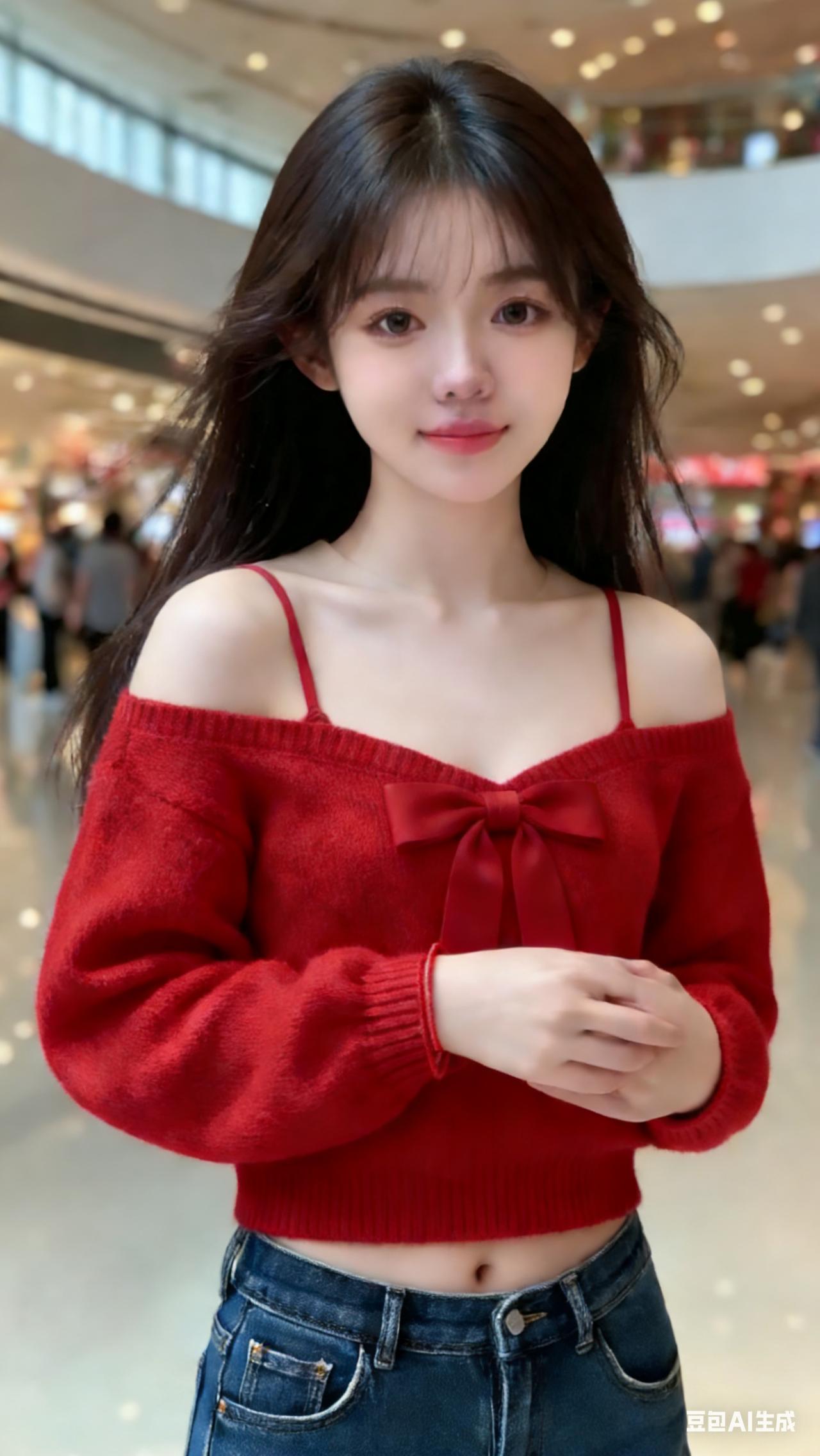 在商场看到这位姑娘，那穿搭简直太亮眼了！红吊带抹胸露脐上衣搭配牛仔裤，时尚感直接