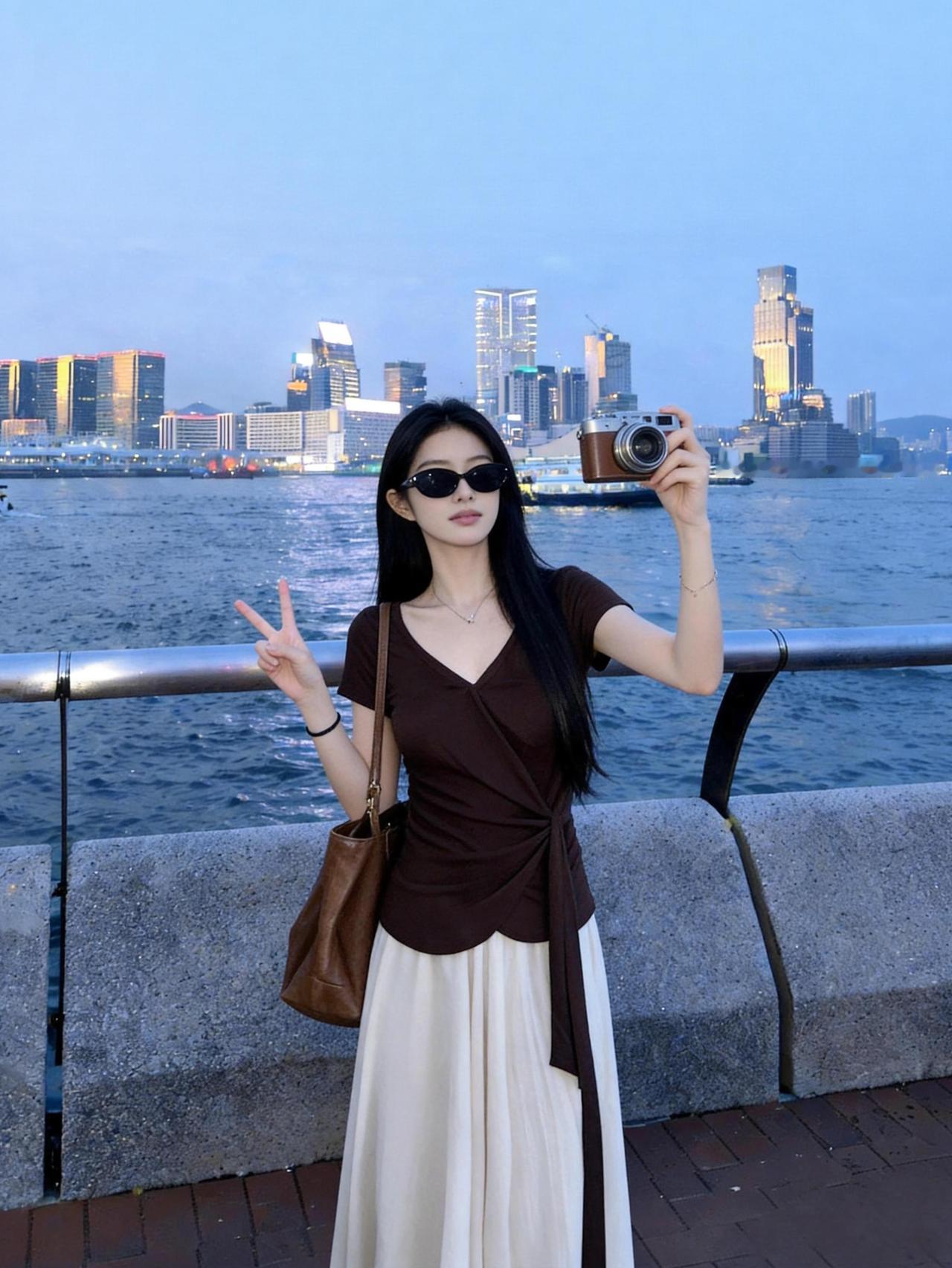 女孩在海边拍照