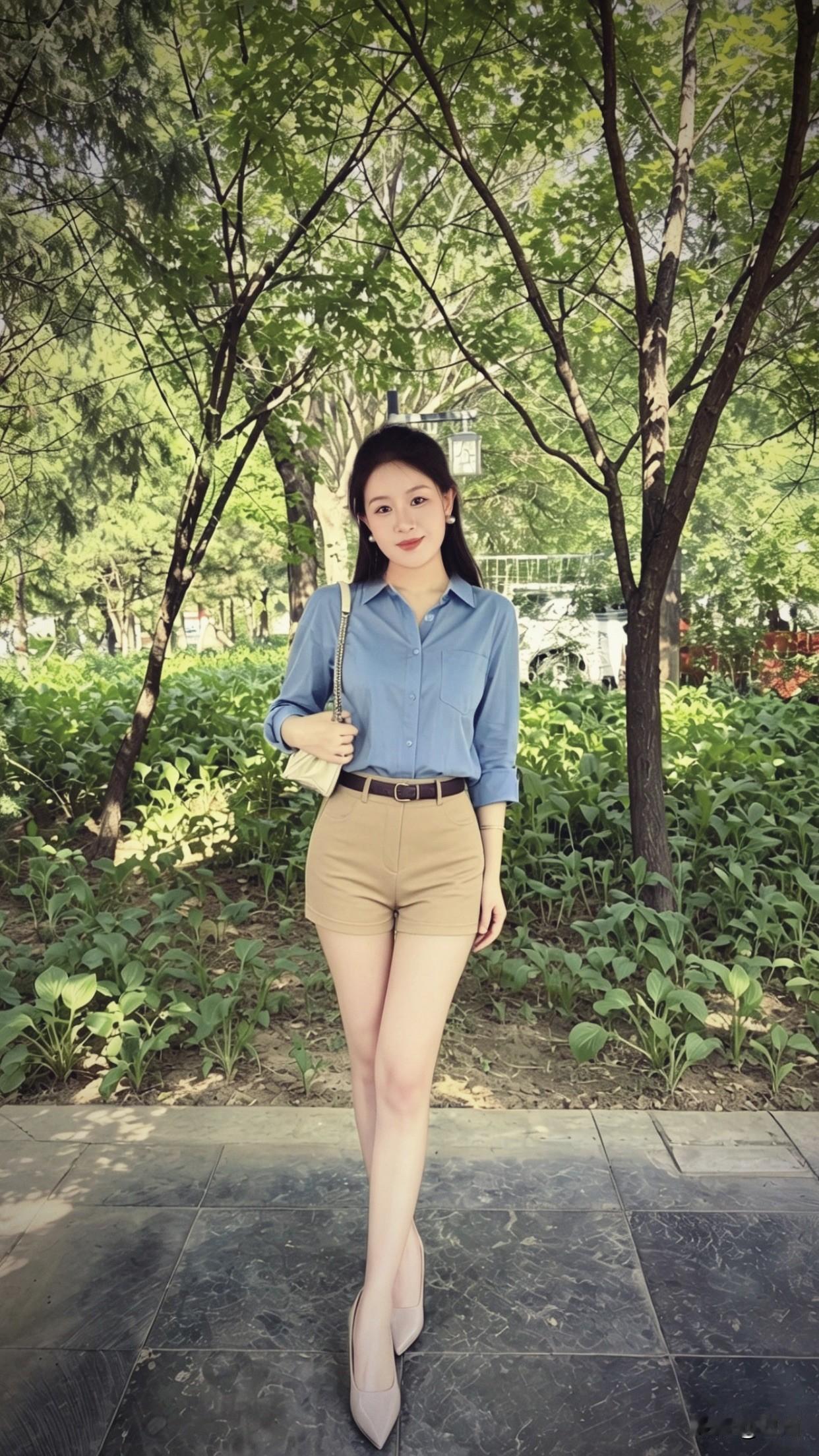 美女休闲穿搭分享衬衫搭配百褶裙，文艺清新。