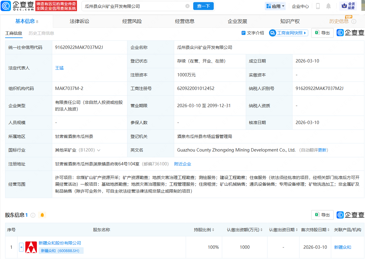 新疆众和投资成立矿业开发公司