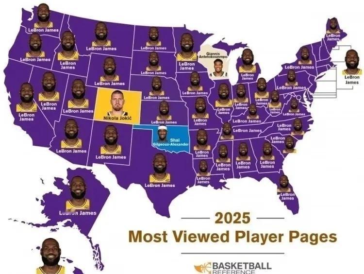 美国媒体统计的NBA球星浏览统计:

美国媒体统计50个州，最受欢迎的NBA球星