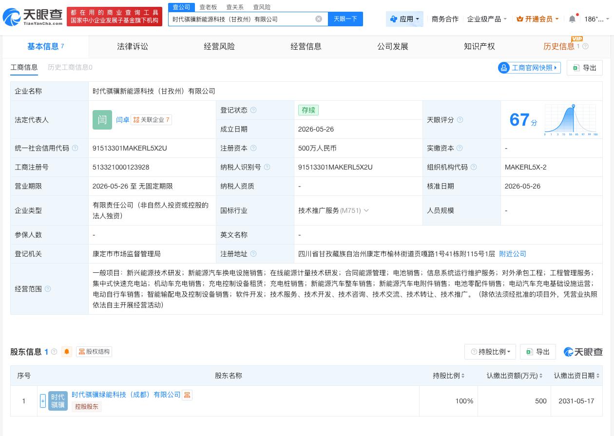宁德时代在甘孜州成立新公司
天眼查App显示，近日，时代骐骥新能源科技（甘孜州）