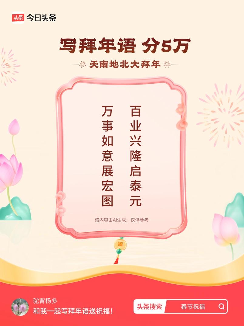 写拜年语送祝福新春拜年送祝福！我的祝福是：“万事如意展宏图，百业兴隆启泰元”！快