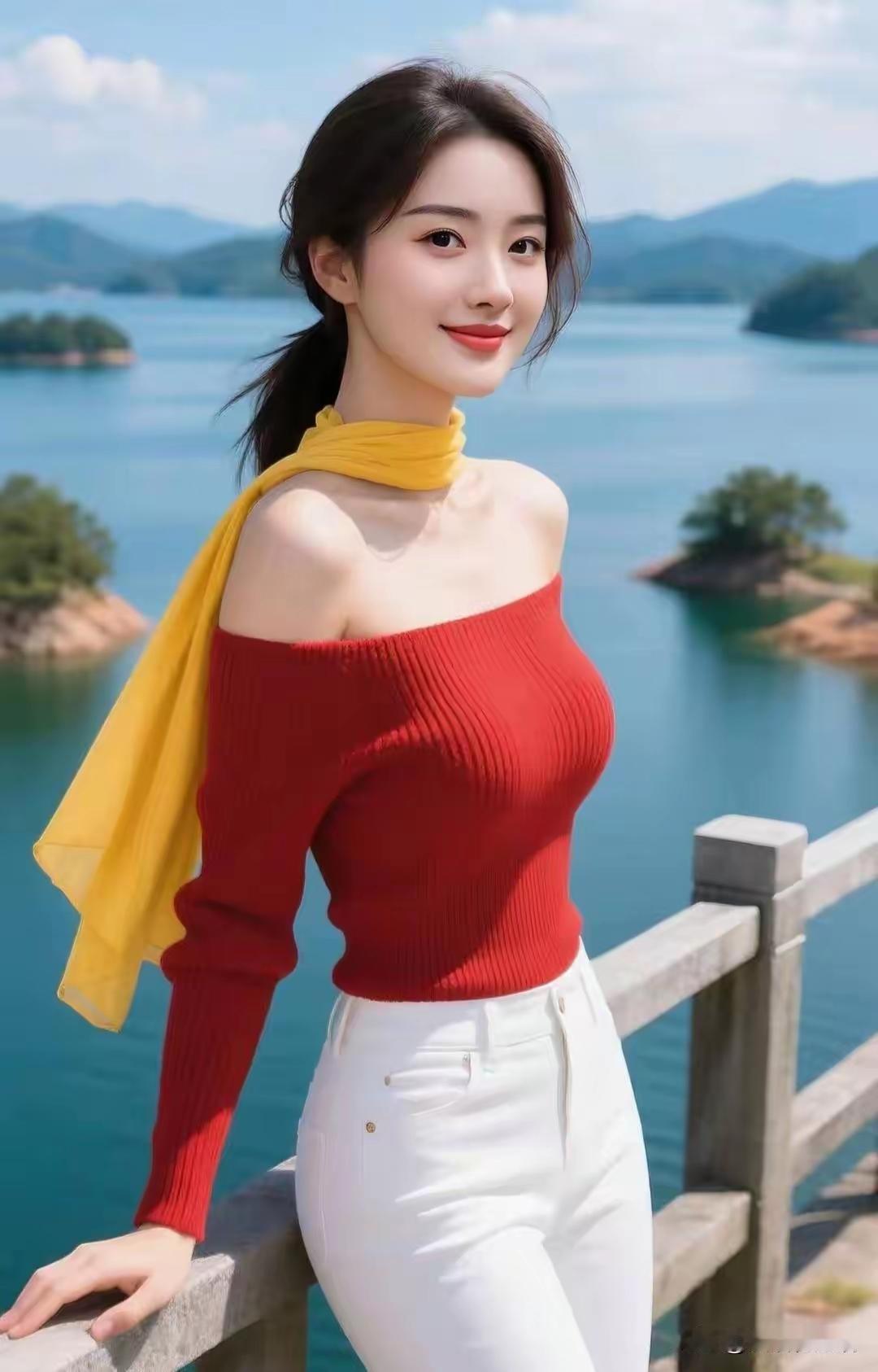 夏日湖畔，红衣少女与黄巾相映，笑靥如花。