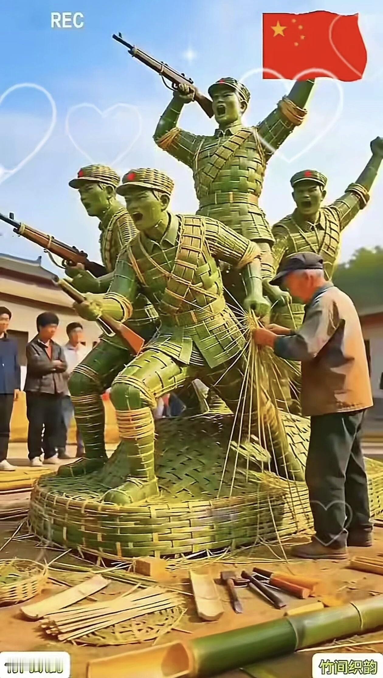 这不是雕塑！是老人用竹条编出的军魂！