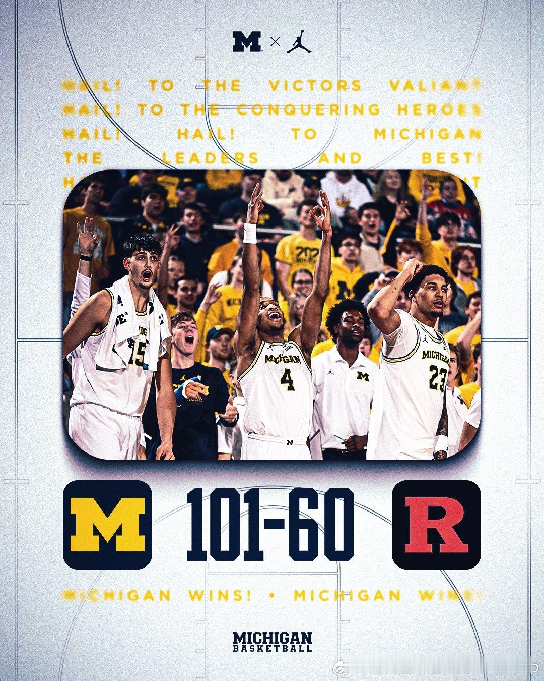 密西根大学最近四场比赛场均净胜对手38分，对手还都是全美顶尖大学，很久没到这么残