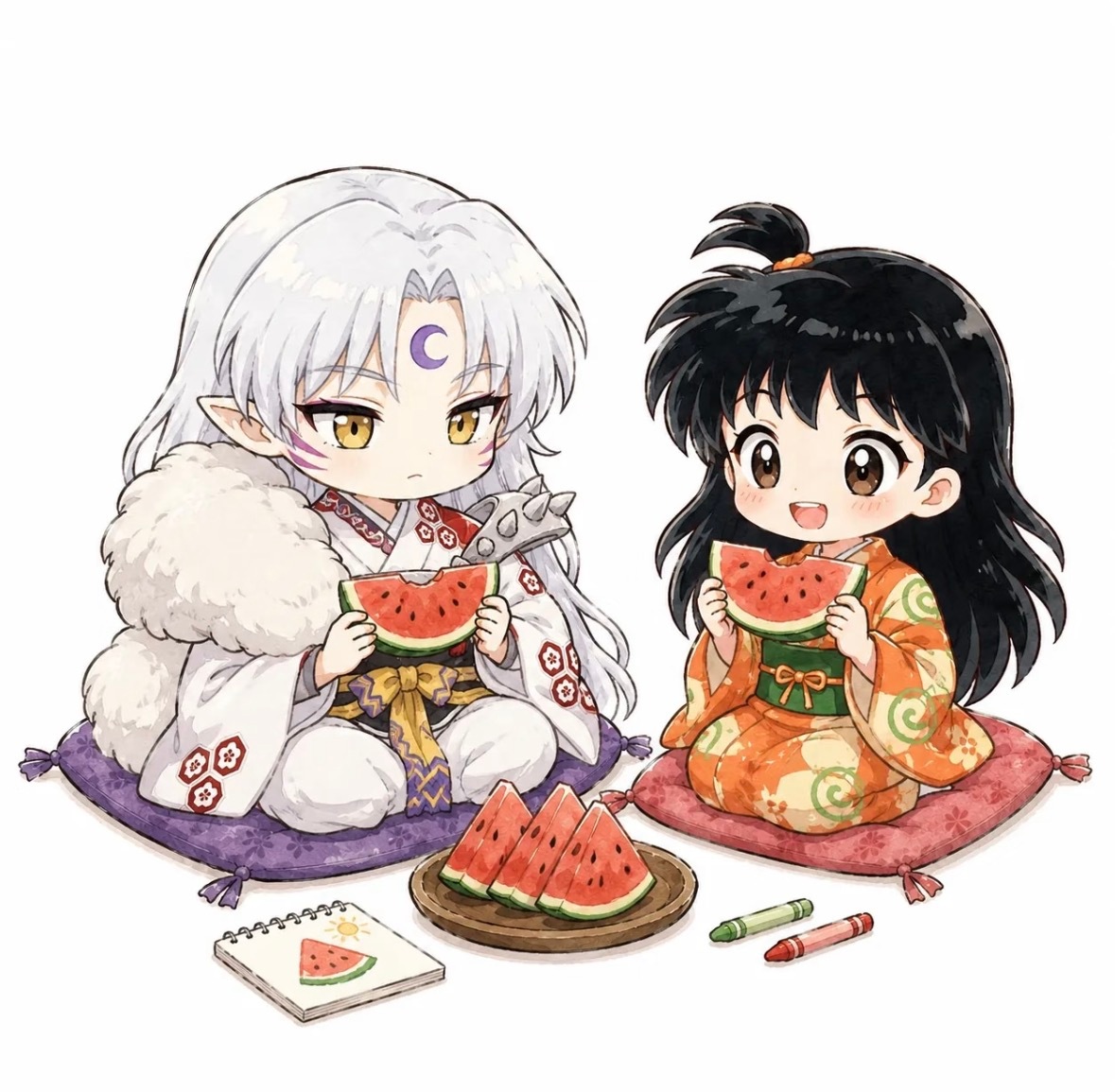 杀生丸&铃 | 夏日小日常 🍉 太可爱了！谁能拒绝Q版杀殿和铃的夏日碎片呀～从
