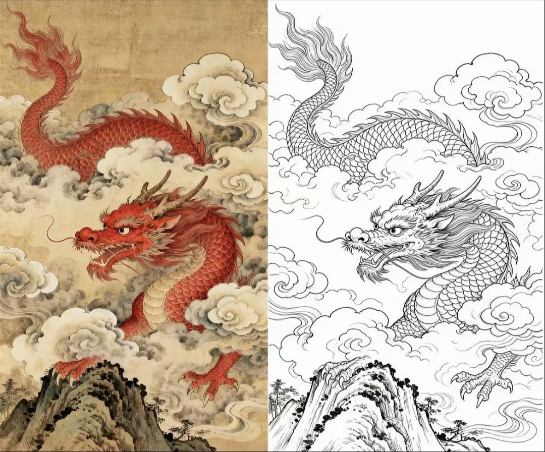 素材|龙腾云海
红龙穿云海，祥瑞绕峰峦。国潮新韵里，线条流转间尽显东方灵动神采。