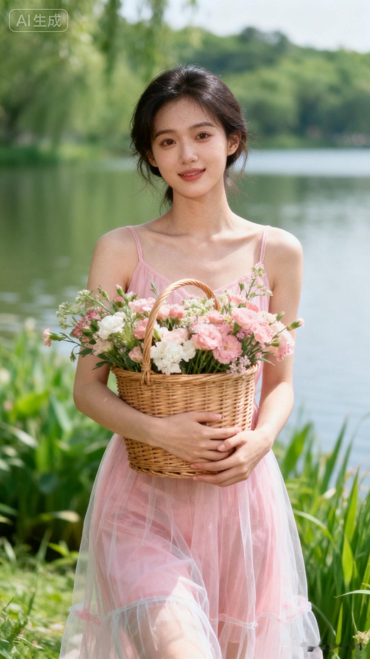 一位女孩在湖边捧着花篮微笑。