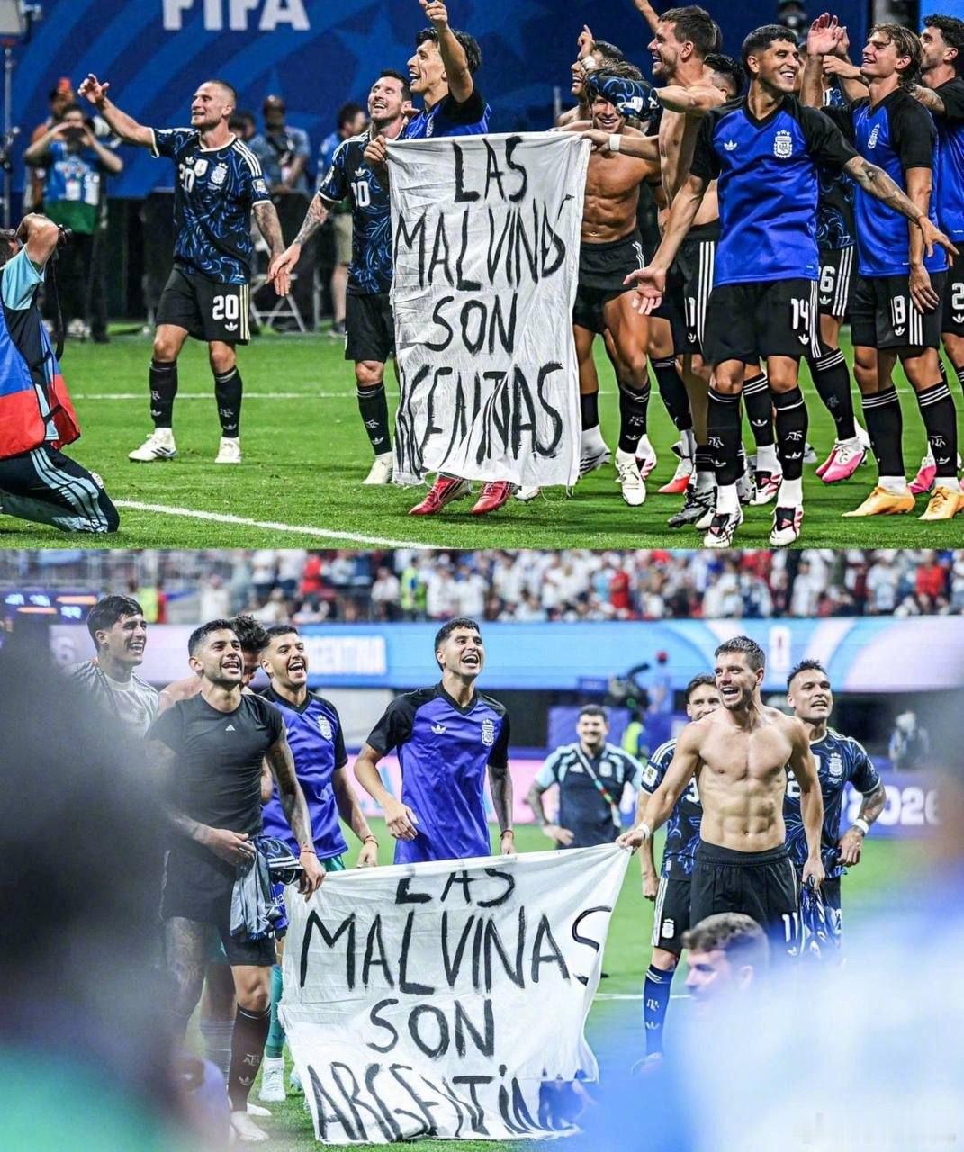 【阿根廷或遭罚】英格兰1比2阿根廷 ，阿根廷队的洛塞尔索展示了一个简易横幅，上面