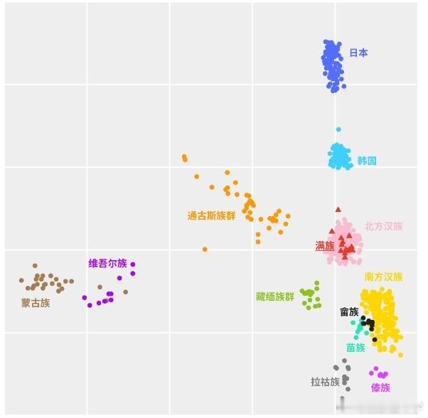 这是现代东亚几大族群的血统聚类图从现在大规模的基因检测结果来看，满族就是北方汉族