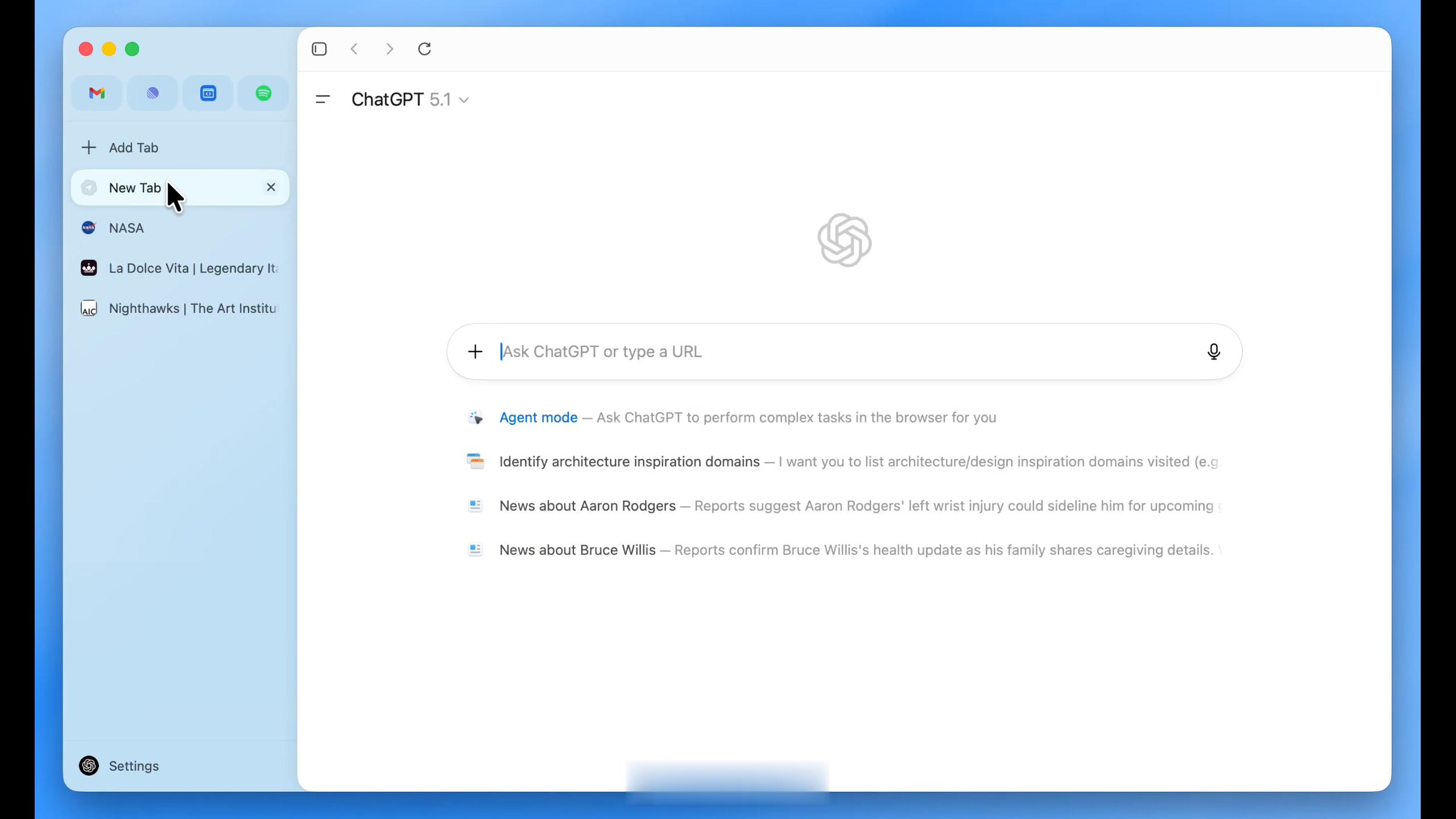 ChatGPT Atlas 新版上了 Arc 风格的 Favourite 和垂直