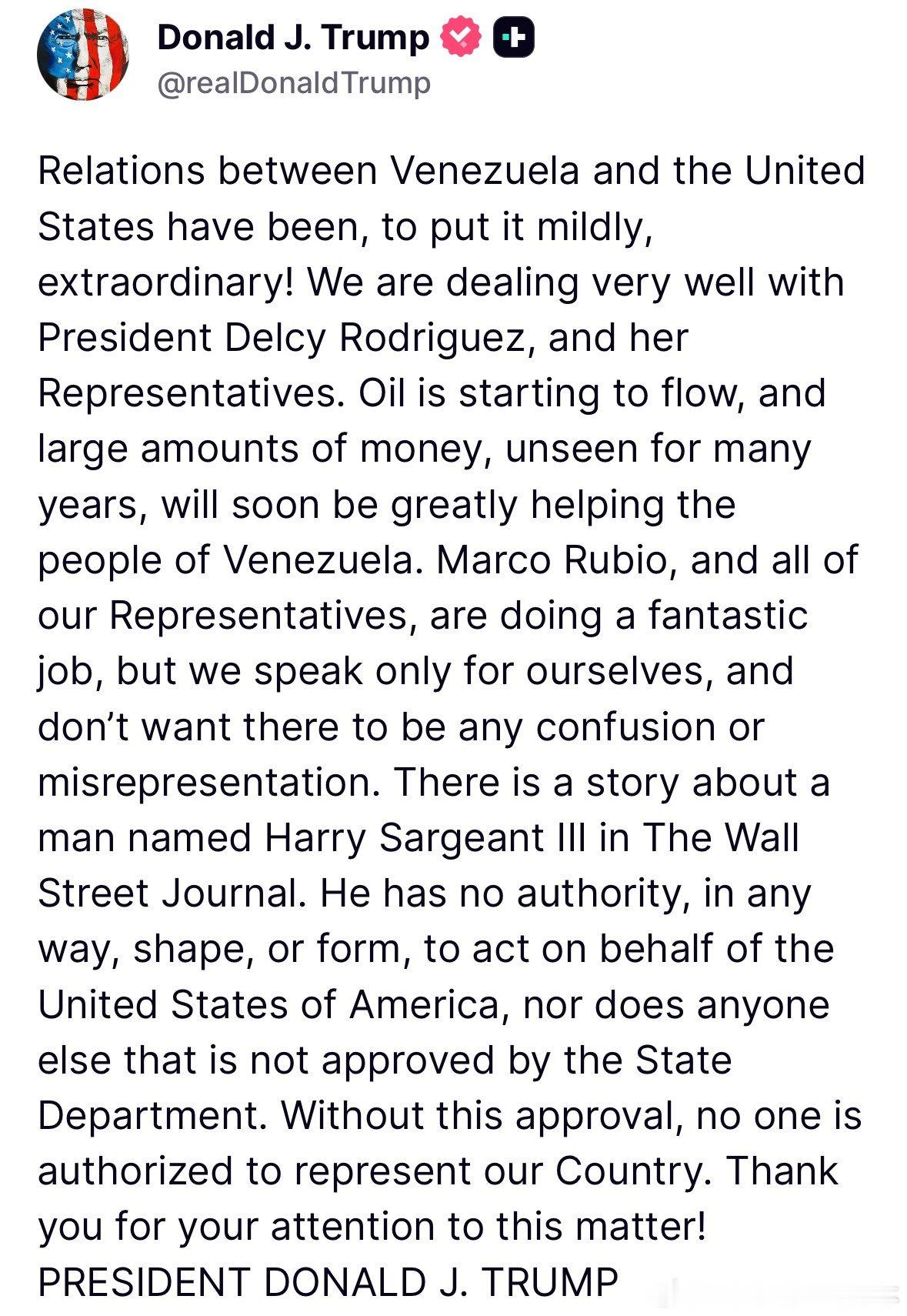 【黄金时代】川普批驳华尔街日报关于委内瑞拉报道的假新闻川普：委内瑞拉和美国之间的