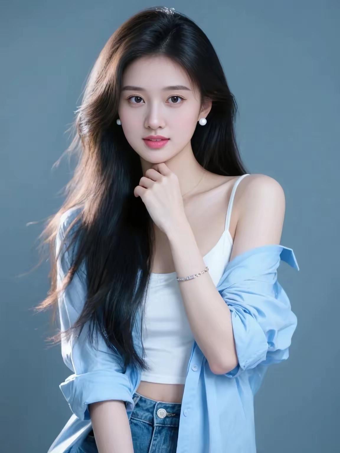 东亚年轻女生，温柔淡妆，黑棕色大波浪长卷发，佩戴圆润珍珠耳钉，细钻手链；内搭白色