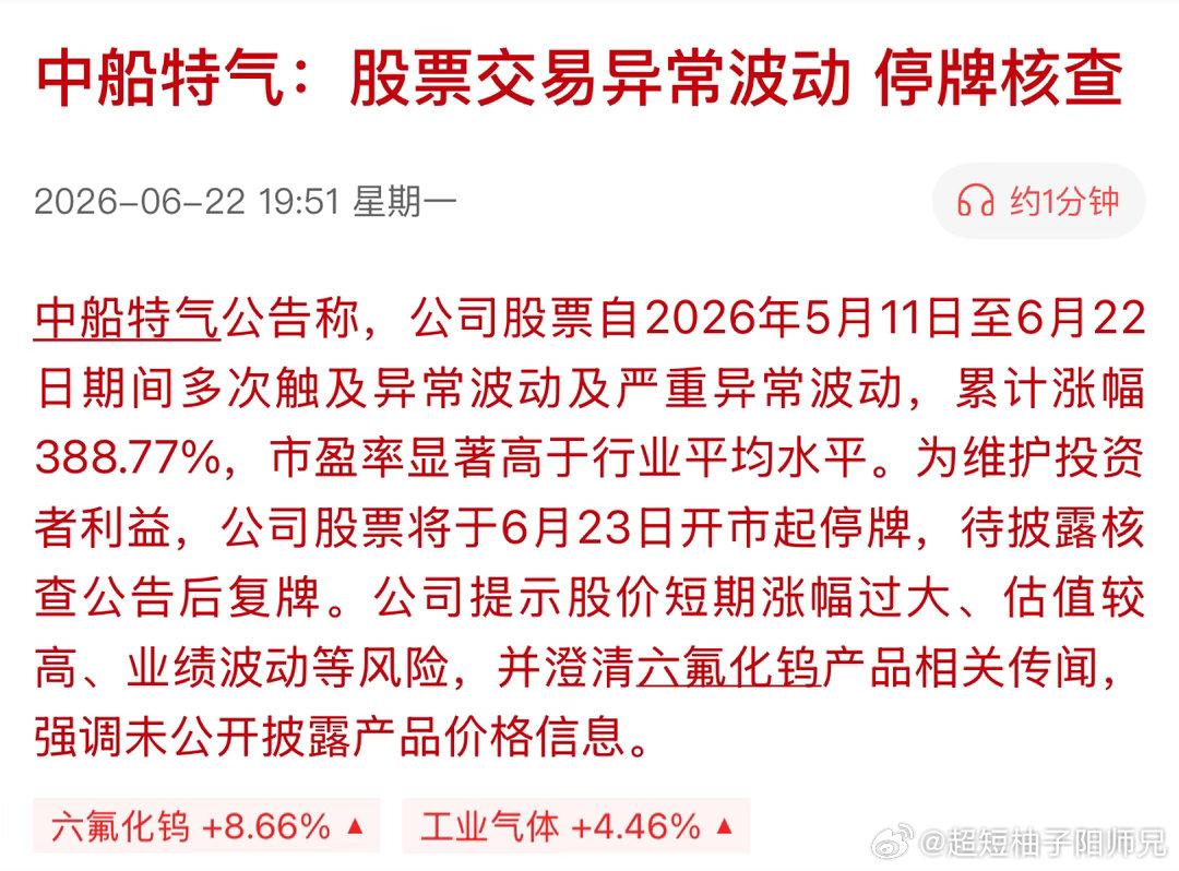 A股重要新信号中船特气特停！成交超过67亿的热门股，超高辨识度，主板咱们做过同概