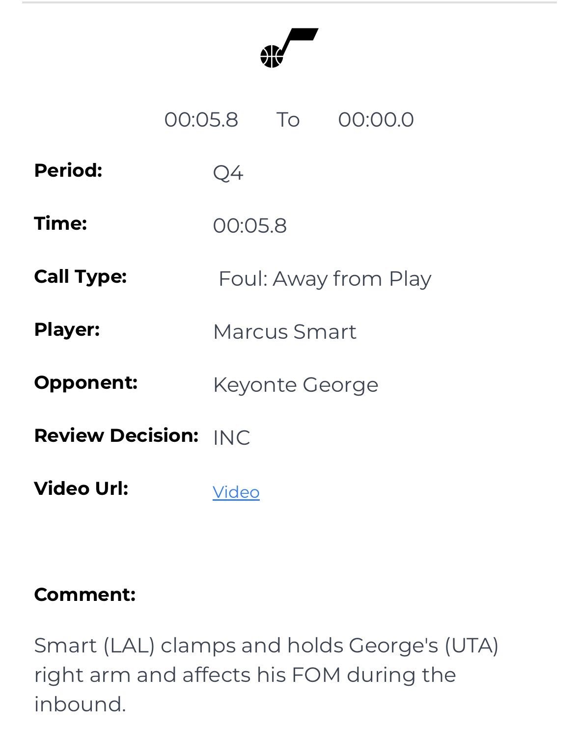 在NBA发布的湖人对阵爵士比赛的最后两分钟报告中，联盟认定湖人队在最后10秒内受