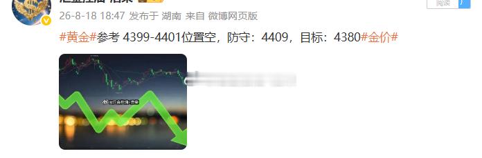 黄金4399位置空，行情如期下跌，在4389位置空单顺利浮盈100个点，百点利润