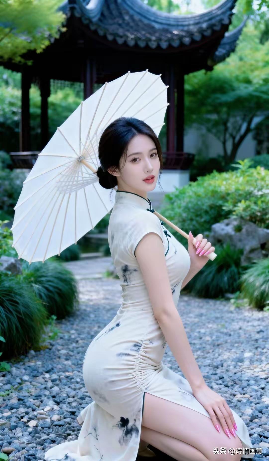 金字经·旗袍佳人
墨染旗袍俏，
倚苔石韵来。
纸伞轻擎立榭台。
猜，一颦如月白。