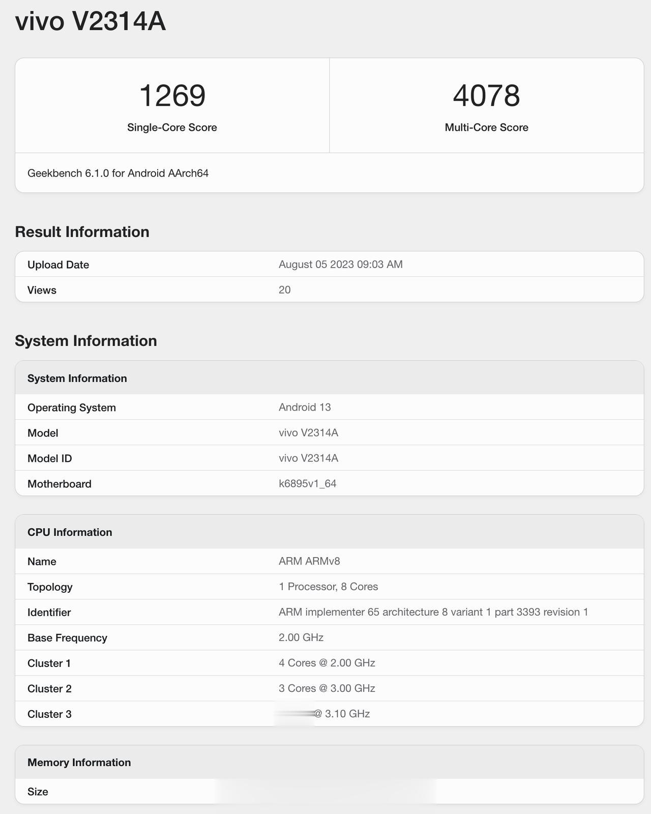 疑似iQOO Z8现身Geekbench 6后台，单核跑分1269，多核跑分40