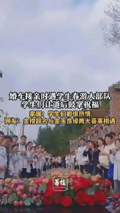 春日偶遇书写温情篇章，婚车与学子相逢定格浪漫瞬间。生活中的美好总在不经意间降临。