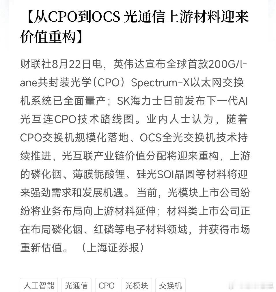 CPO彻底变天！AI光互连红利，从下游模块转向上游材料最近市场风向彻底变了，不再