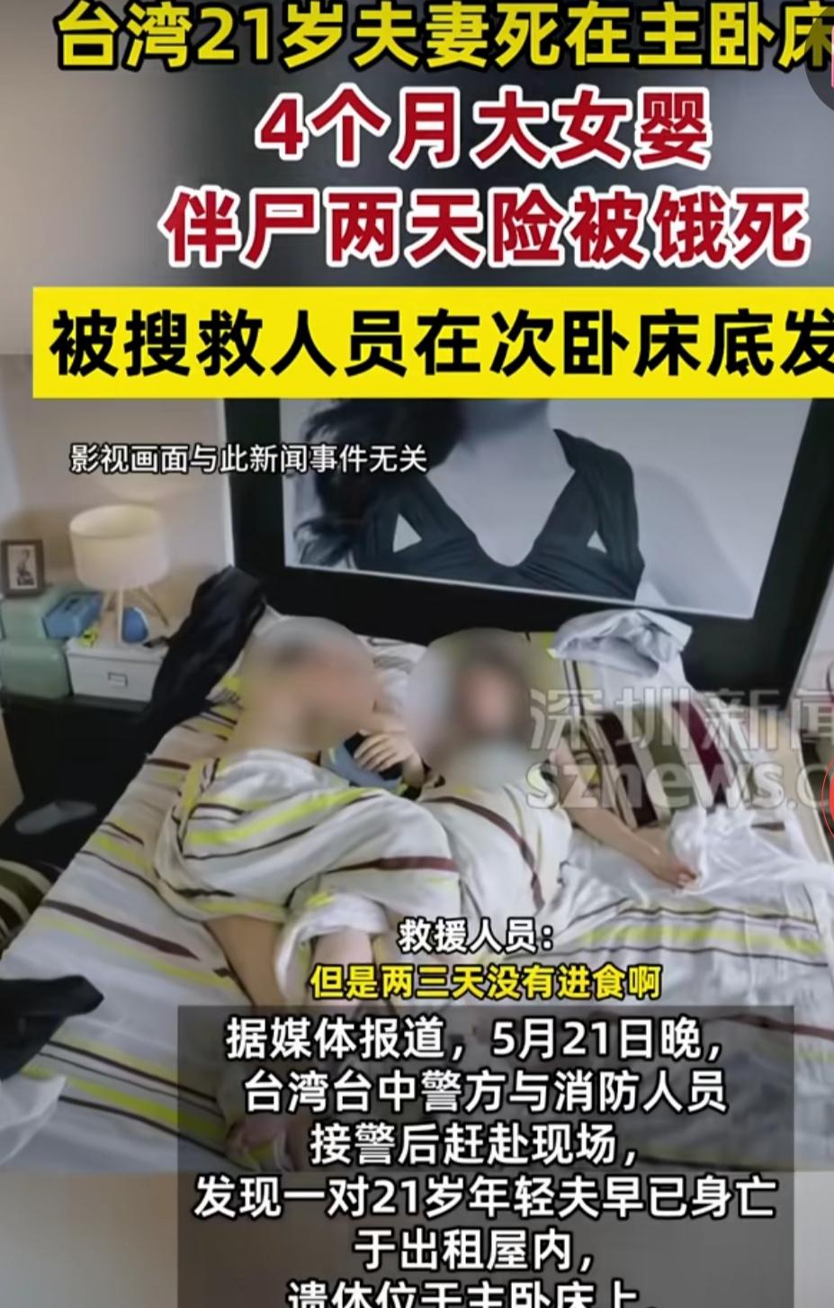 年轻的夫妻21岁，突然死亡了，4个月大的婴儿躺在他们中间生活了两天。还好，有人解
