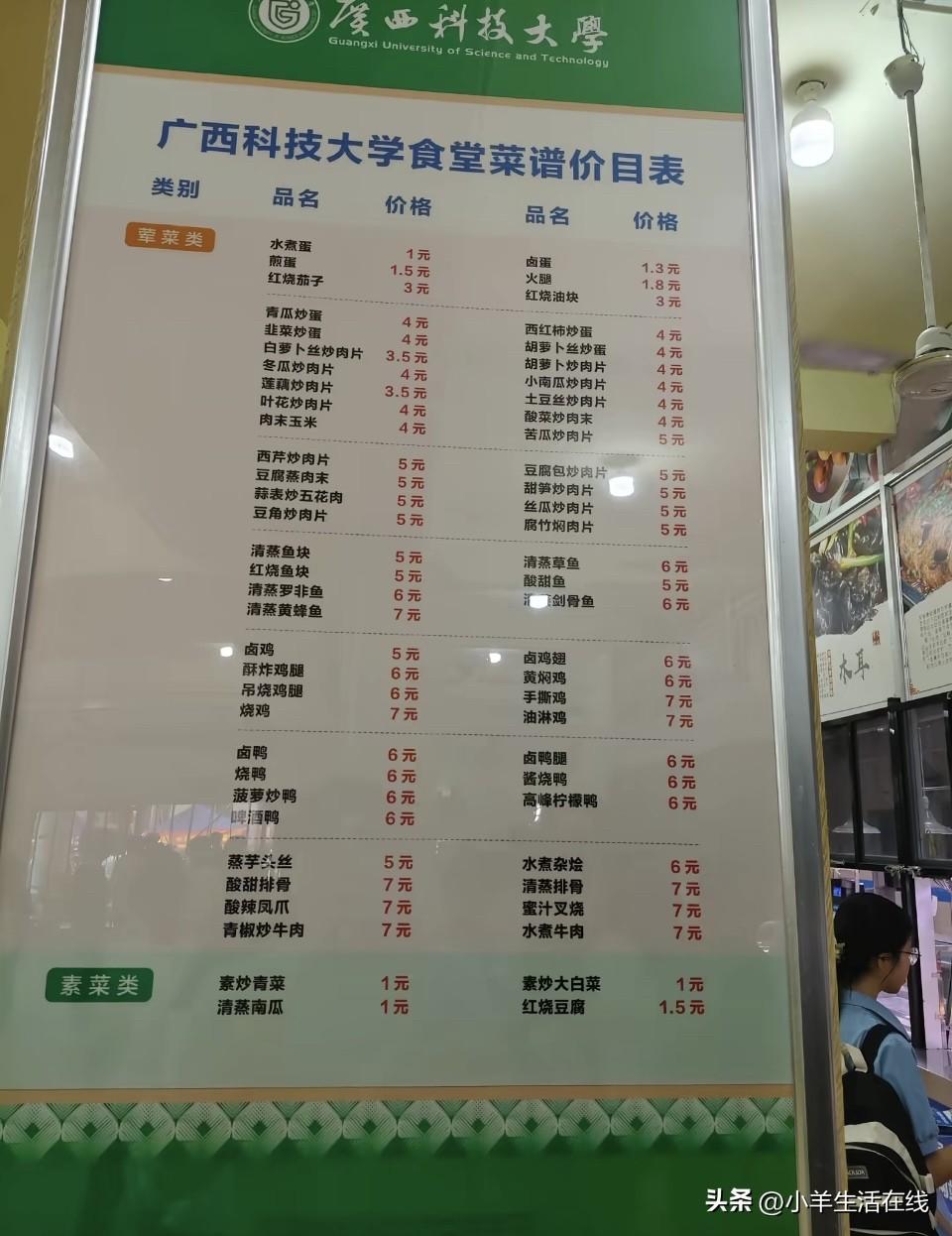 妈呀，大学食堂菜也太便宜了。素菜最低只要1块钱，米饭几毛钱就能买到，荤素搭配一餐