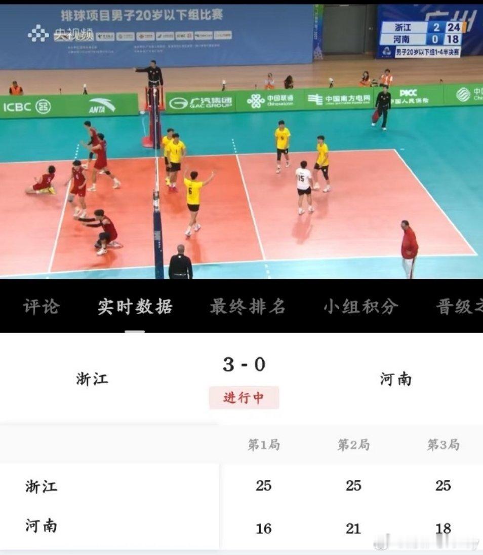 【全运男排】U20半决赛，昨天在¼决赛中3-0零封北京男排的浙江男排今天再接再厉