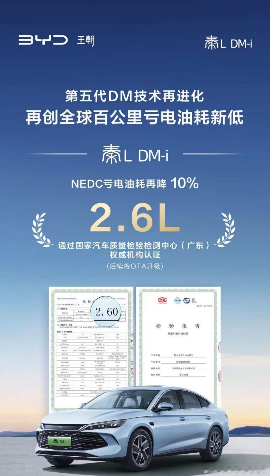 秦L DM-i NEDC亏电油耗再降10%，降到了2.6升。比亚迪 又亮出省电黑