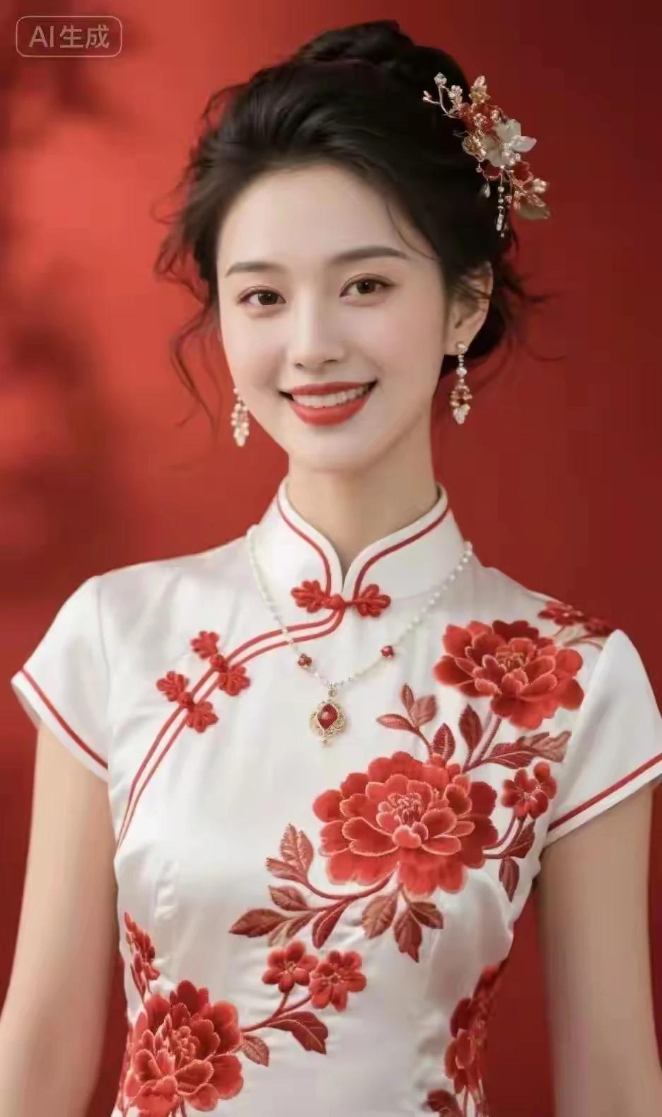 东方舒适。高贵典雅
绣花牡丹，红色旗袍
绝色美女 ，亭亭玉立
出水芙蓉，秀外慧中