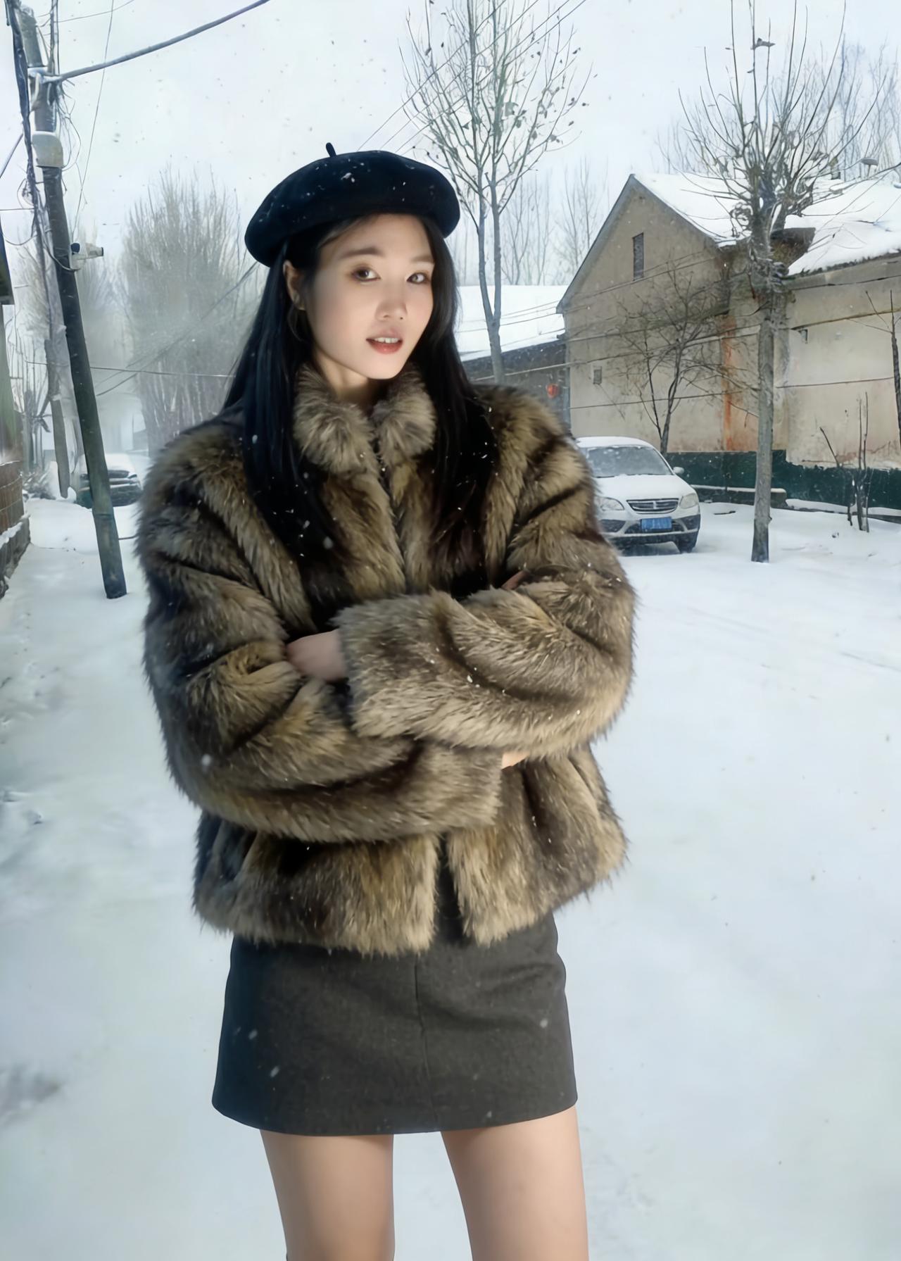 雪野凝寒色，毛氅立荒村。
长衢浮素影，疏树挂银痕。
风软梳云鬓，冰清照玉魂。
凝