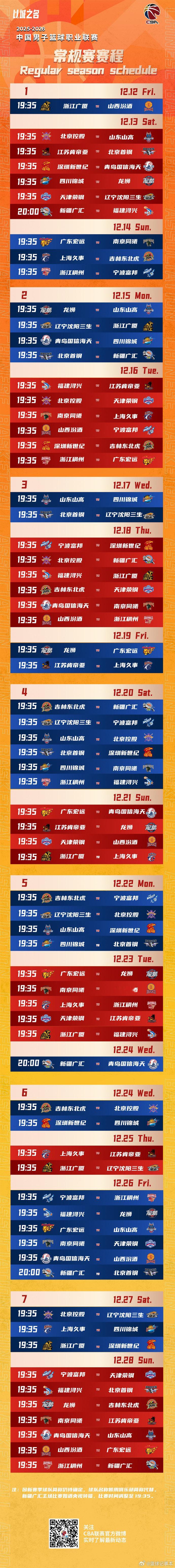 CBA新赛季将于12月12日开赛 发布2025-26赛季常规赛赛程，新赛季将于1