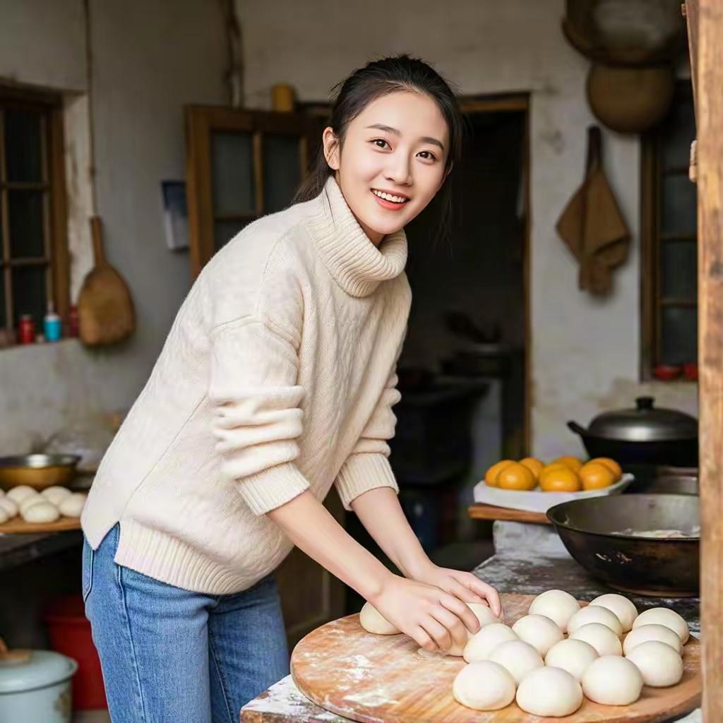 微笑的少女在厨房里制作美食，温暖又治愈。