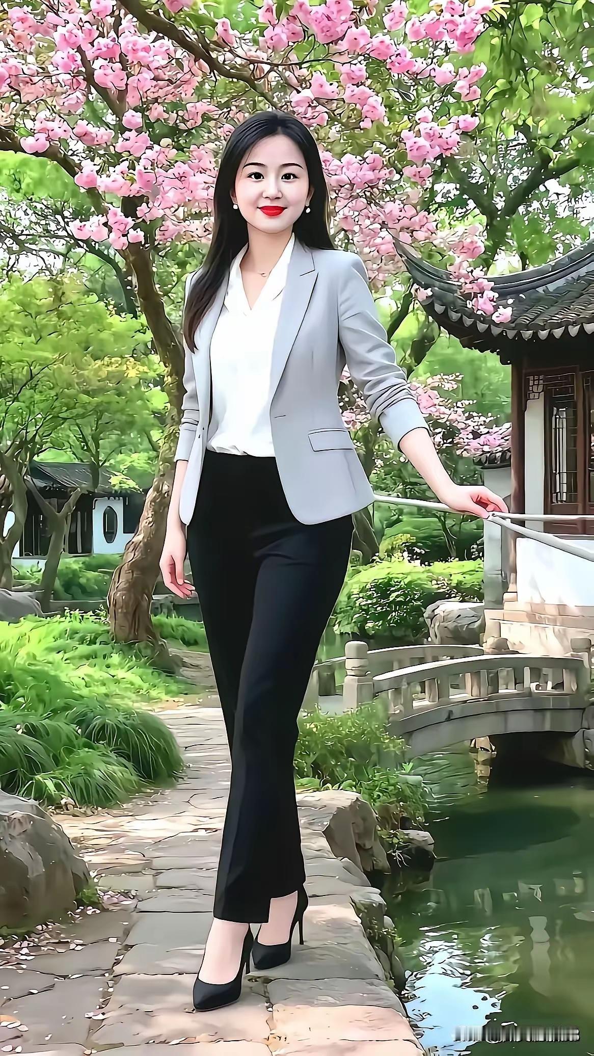 优雅职场风，粉色樱花下的时尚穿搭