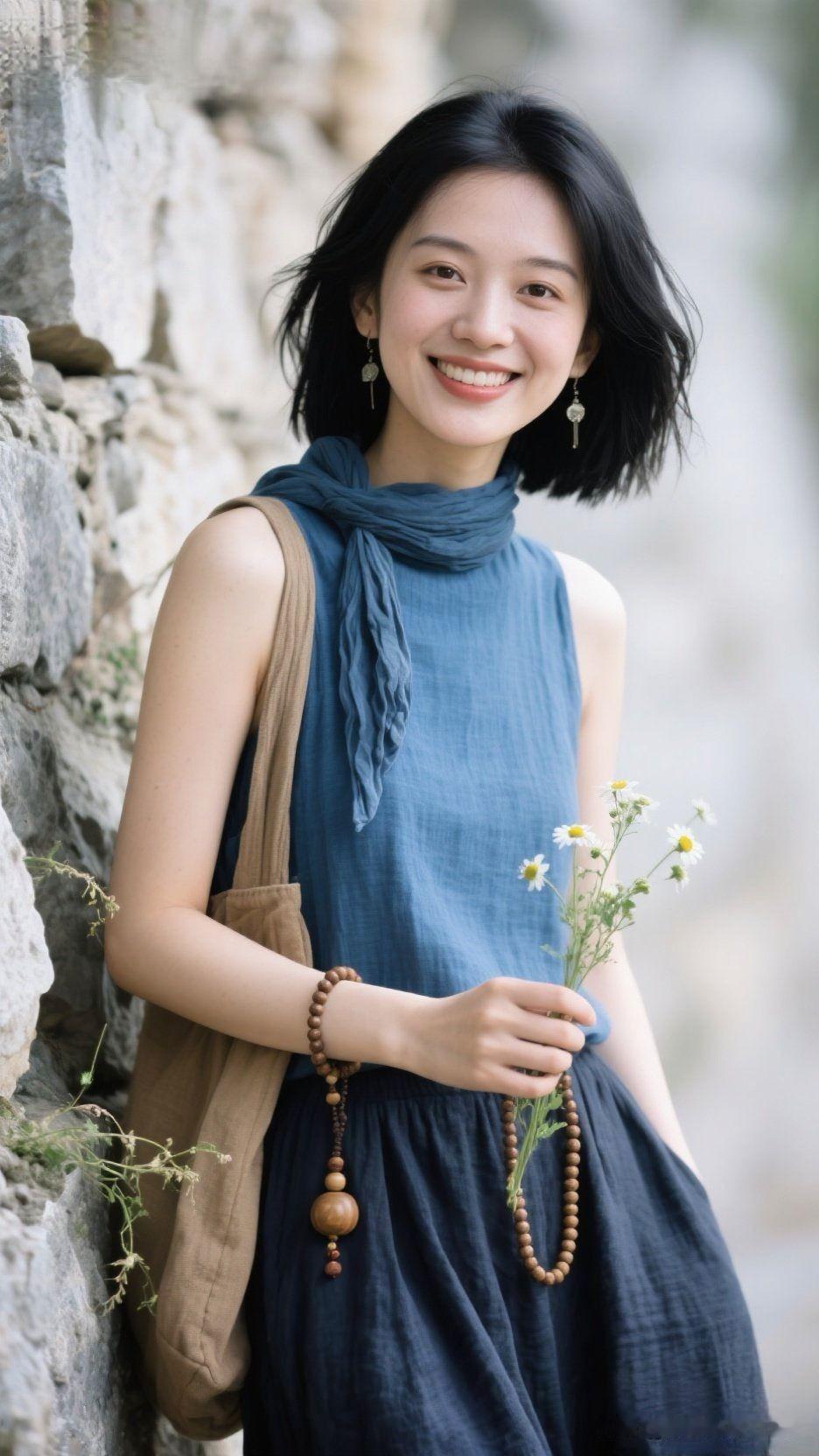 🌸 深灰裙盛着岁月的静，浅蓝无袖衫兜住晴空的明，手里野花是把浪漫揉进了日常。浅