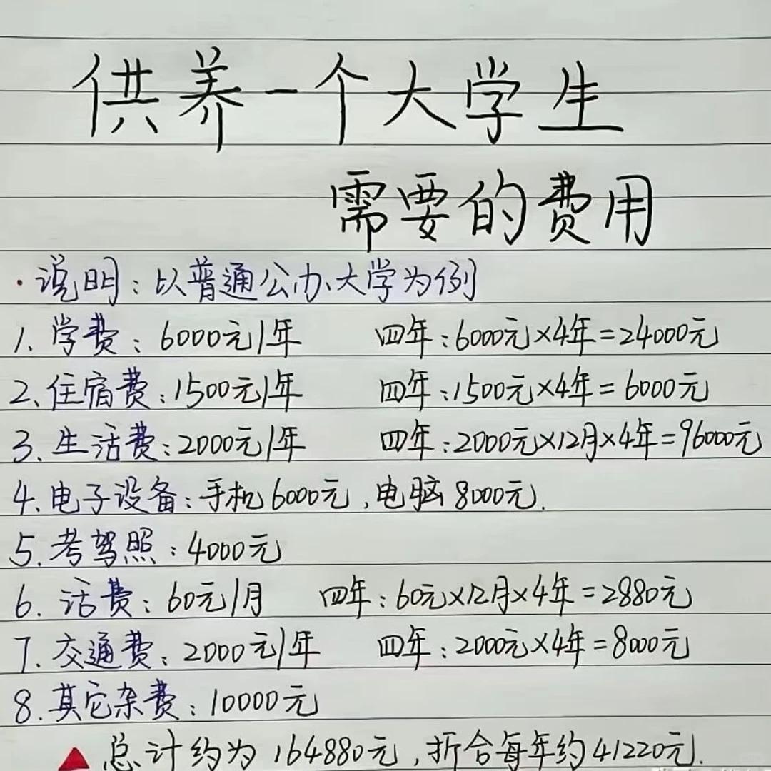 《供养一个大学生需要的费用》


生活费 2000 / 月、数码设备一万四、学车