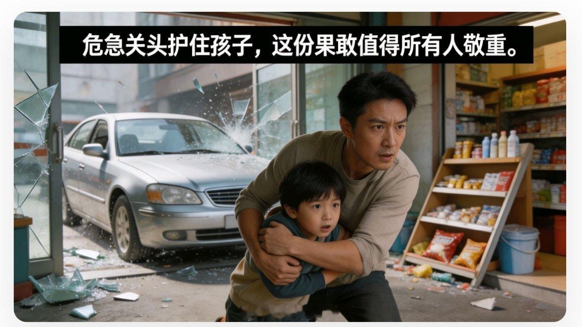 汽车撞进服装店男子拉孩子跑开【危急关头护住孩子，这份果敢得认干爹义父】车子突然失
