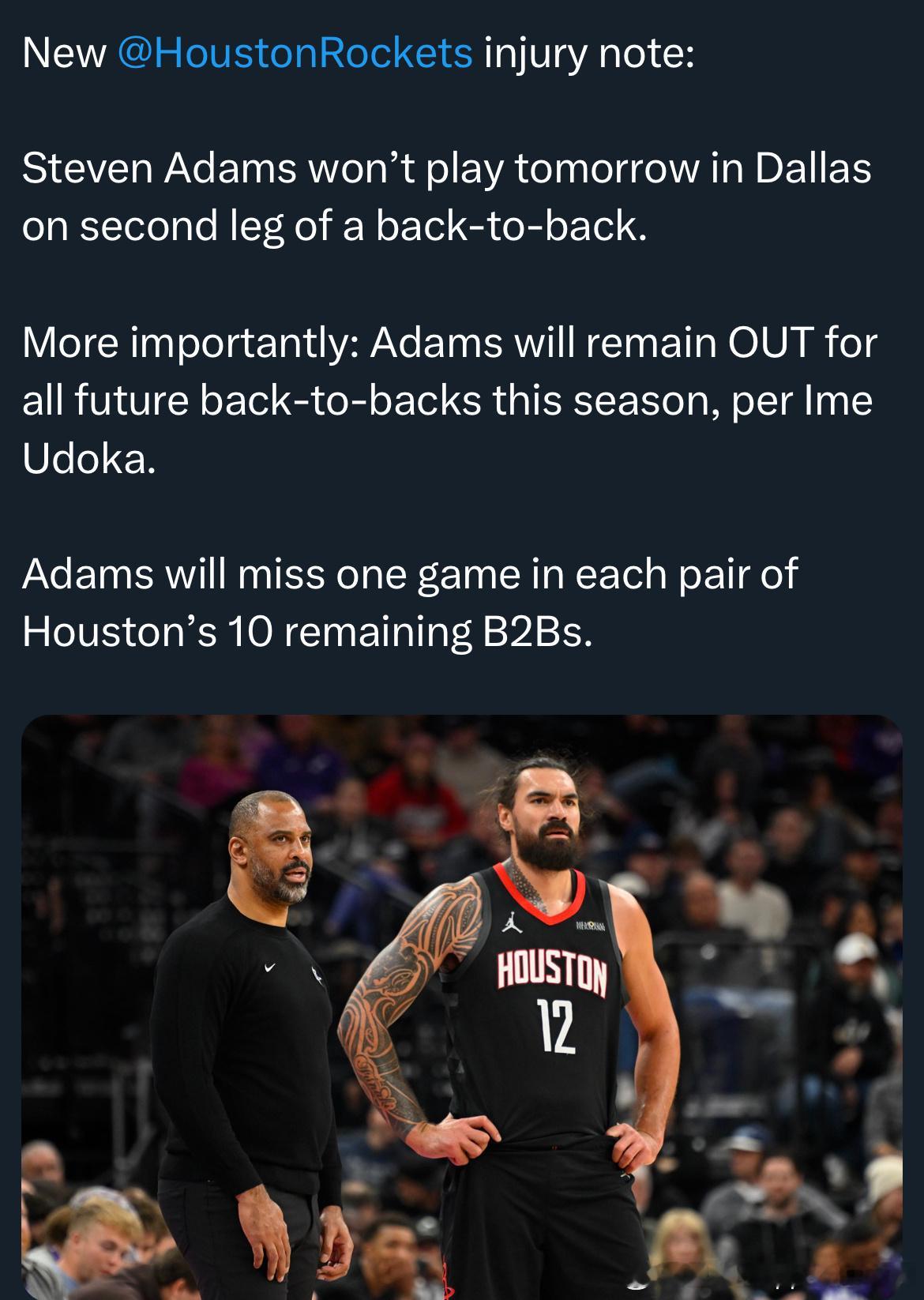 亚当斯本赛季所有背靠背比赛，均会缺席一场今天打太阳首发，明天打独行侠轮休乌度卡透