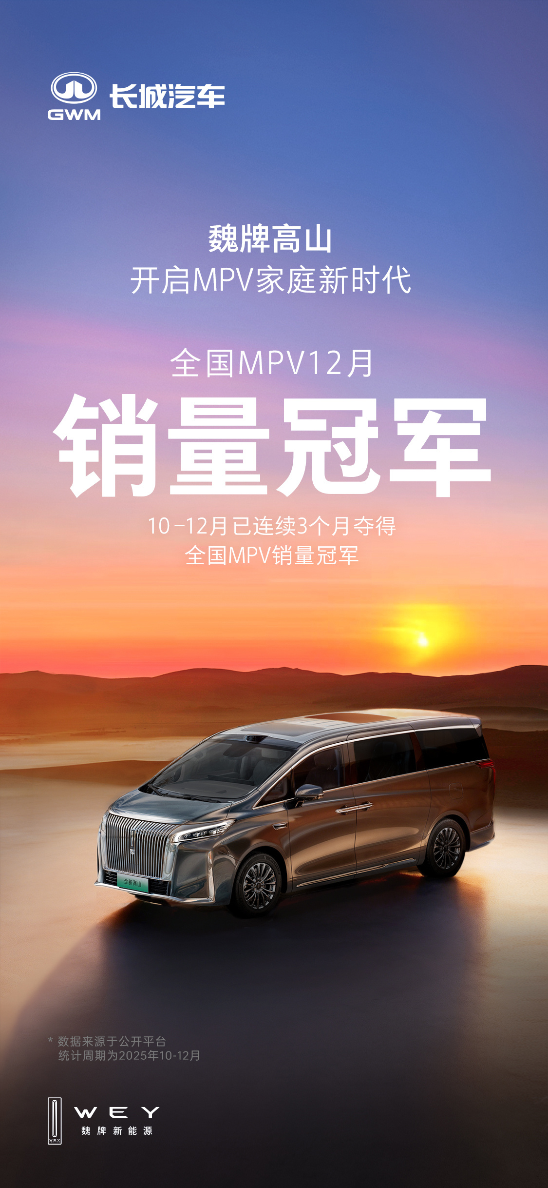 魏牌高山这成绩很稳了，12月再获全国MPV销量冠军。已经连续三个月拿下第一。说明