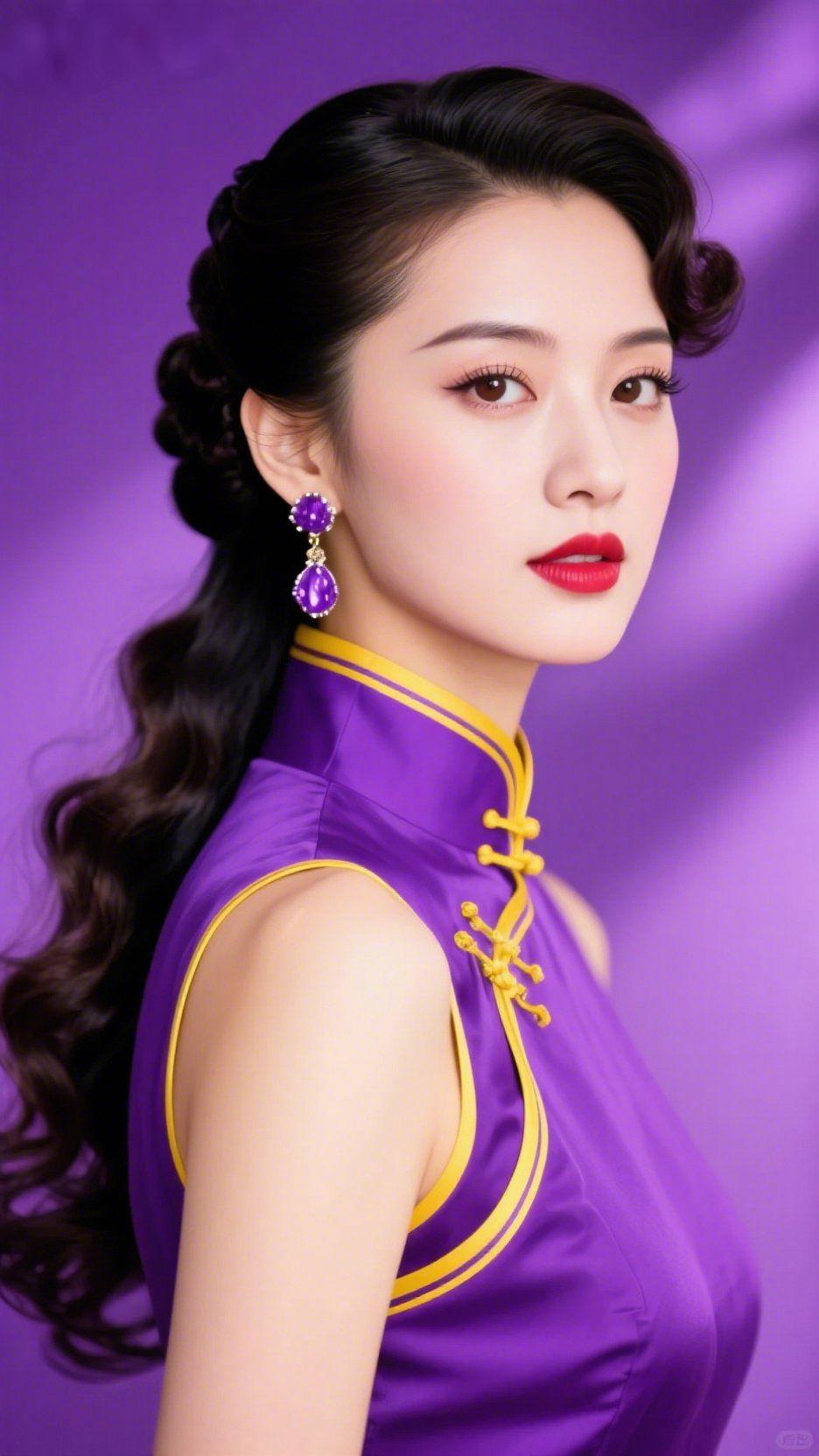 《紫襟栖雅光》
 
淡紫缎面浸在柔光里，像揉碎的暮色织进襟衫，明黄盘扣坠着旧时光