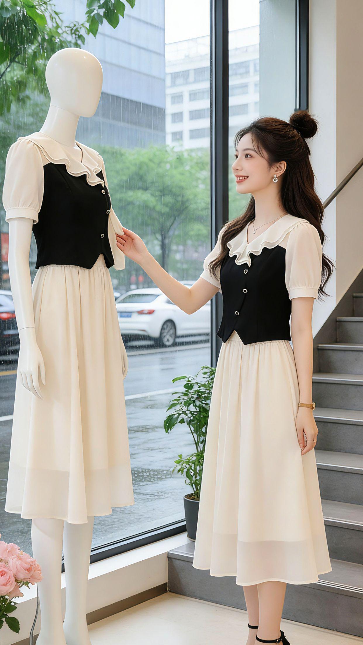 谁懂啊！这套黑杏色拼接套装裙直接戳中我的心巴！温柔娃娃领超减龄，收腰版型藏肉又显