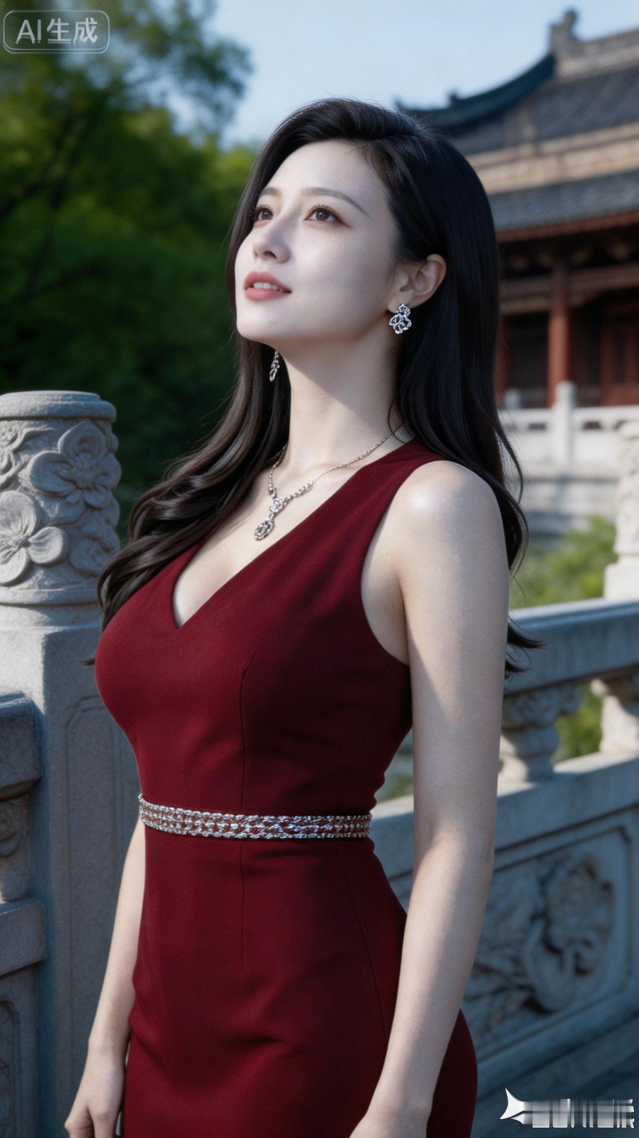 这位女士穿着红色连衣裙，站在栏杆旁。