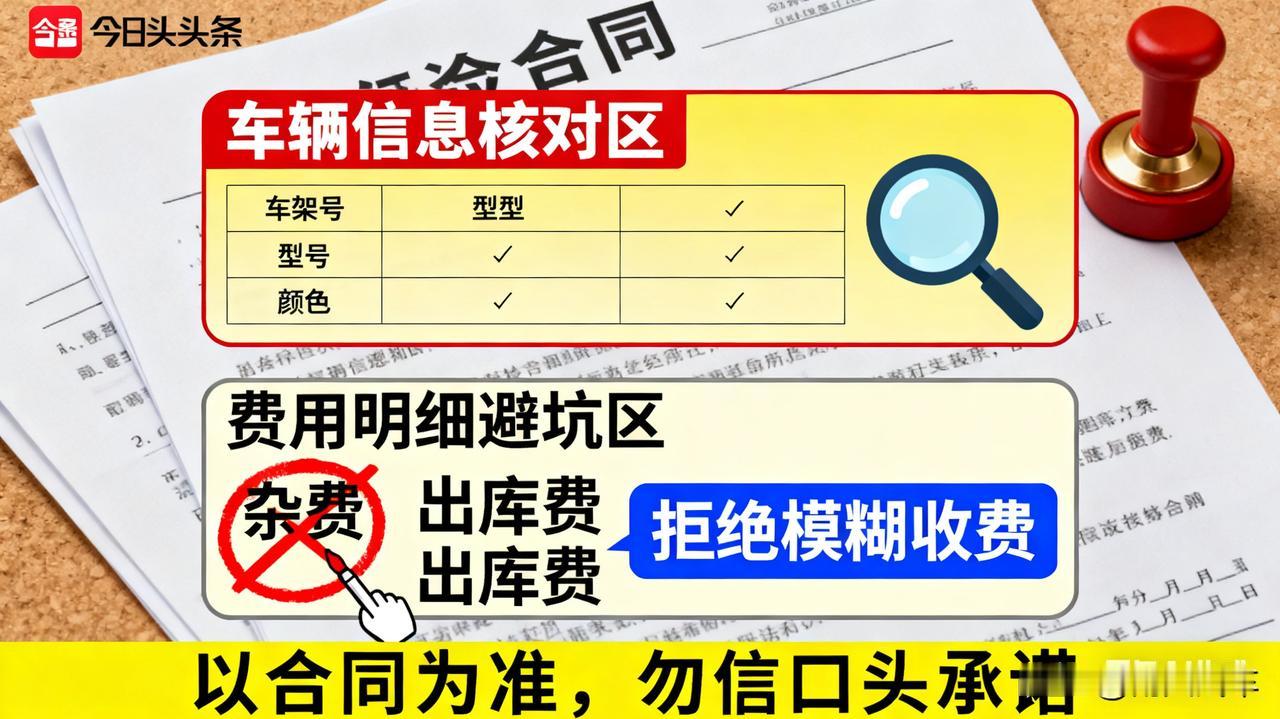 签合同，盯死这一行

“车辆信息”务必核对车架号、型号、颜色。“费用明细”逐项看