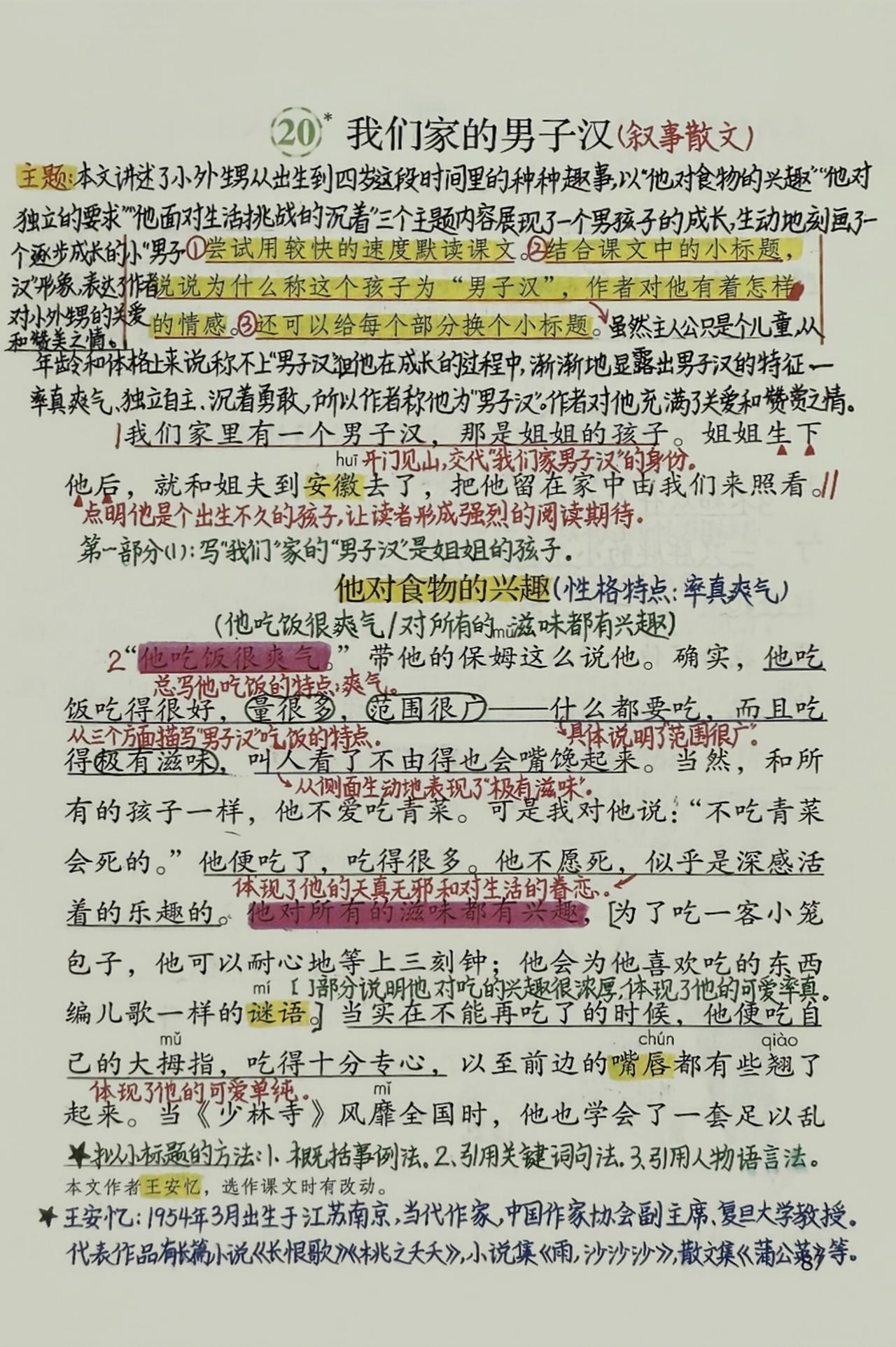 四年级下册语文，第六单元第20课《我们家的男子汉》课堂笔记，收藏备用