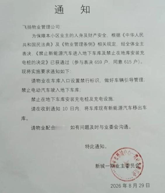 物业一纸通知，把电车挡在了地下车库之外，659户表决，只有44户不同意，电动汽车