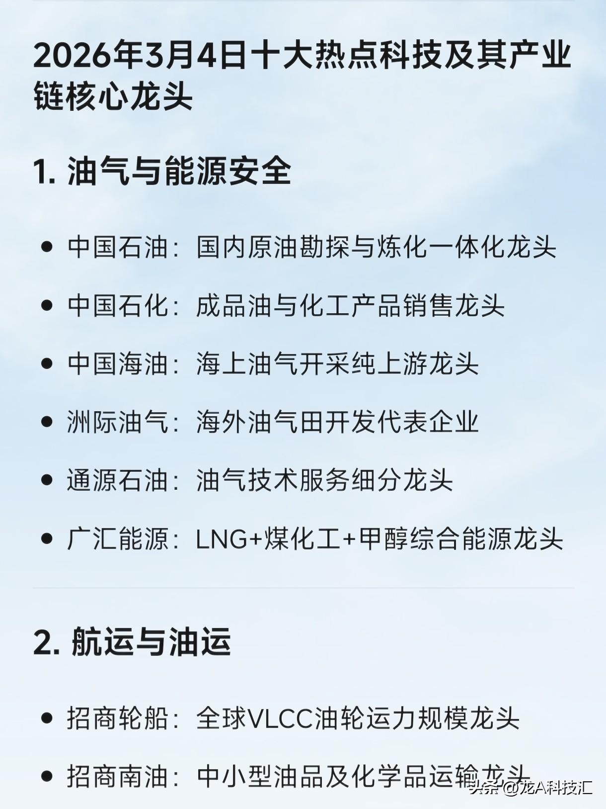 2026年3月4日十大热点科技及其产业链核心龙头

1. 油气与能源安全

中国