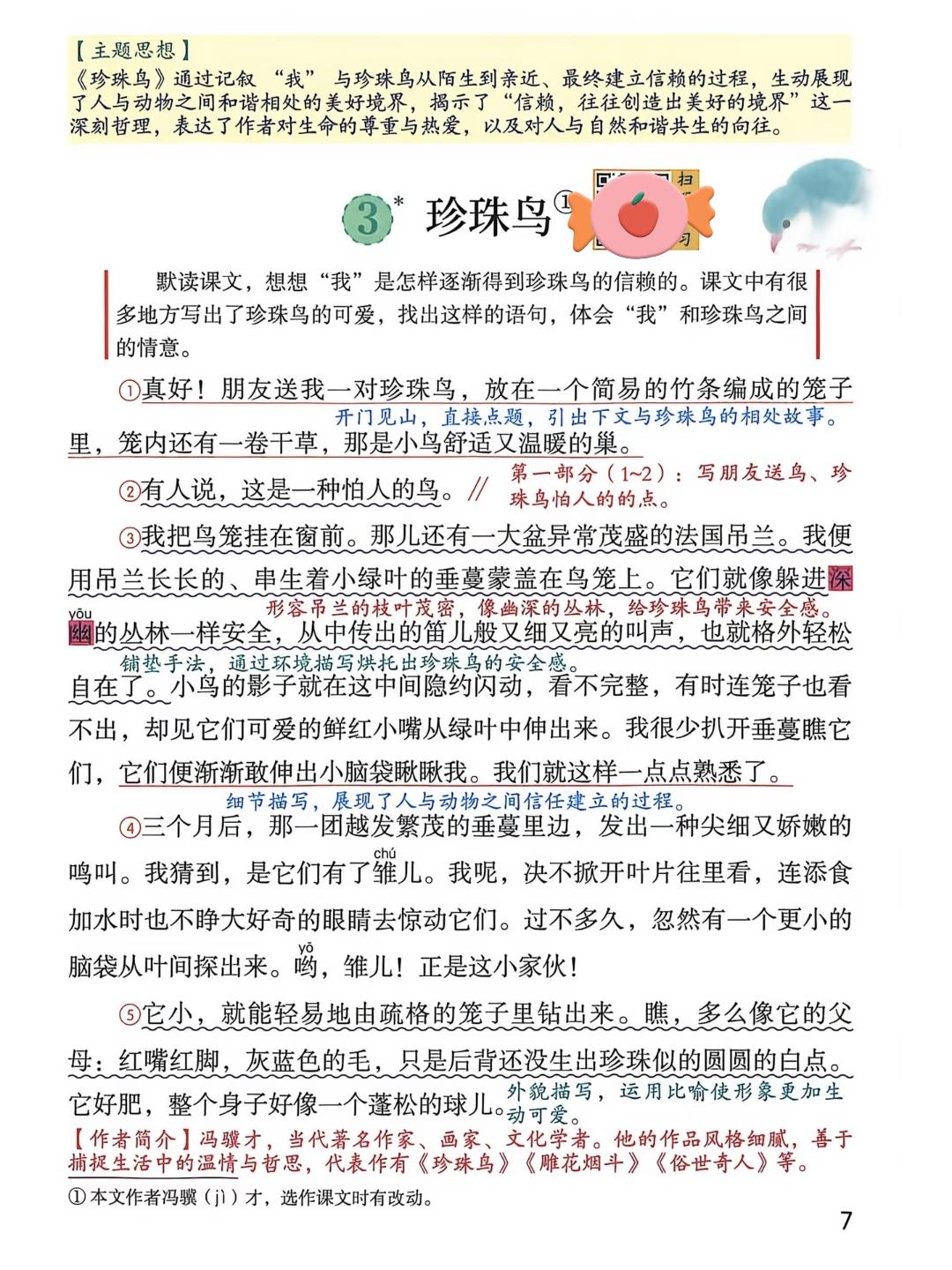 五年级上册语文，第一单元阅读3《珍珠鸟》课堂学习笔记，收藏备用