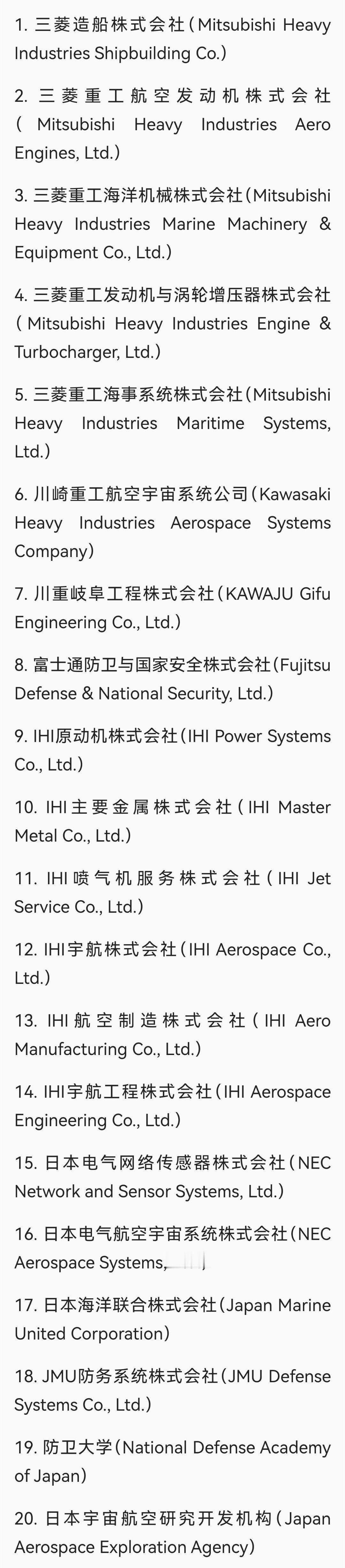 马年上班第一天——名单涵盖日本陆海空天，其中：1、1～5为三菱重工相关企业，是日