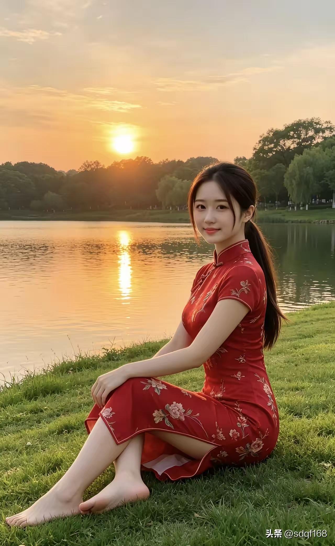 塞鸿秋·晚晴芳影
晴光半亩汀洲秀，
湖光倒影风光柔。
红袍巧染云霞袖，
青丝漫绾